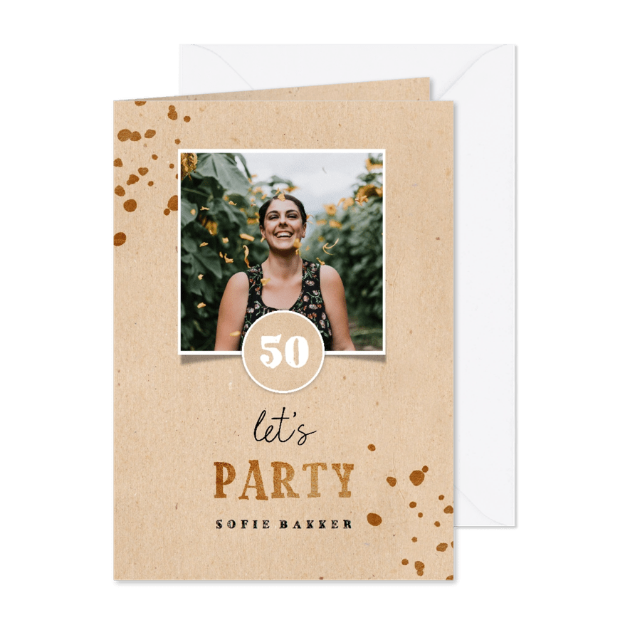 Uitnodiging kraft met spetters en foto - Kaartimpressie