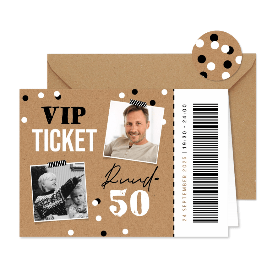 Uitnodiging kraft VIP ticket foto confetti entree - Kaartimpressie