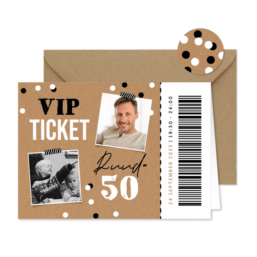 Uitnodiging kraft VIP ticket foto confetti entree - Kaartimpressie