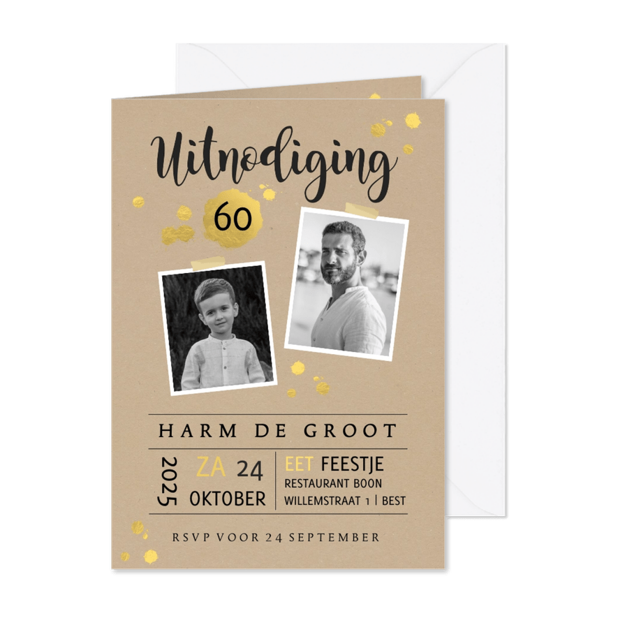 Uitnodiging kraftlook met goudlook - Kaartimpressie
