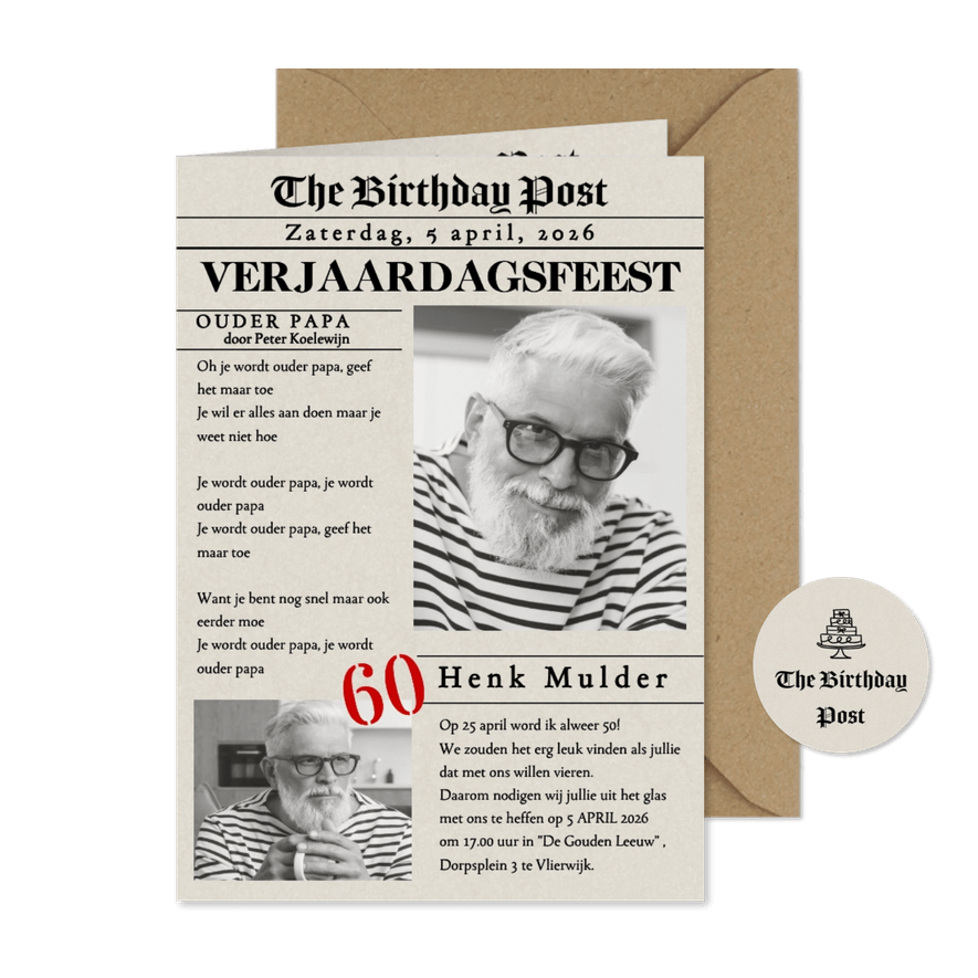 Uitnodiging krant voorpagina nieuws jarig 60 - Kaartimpressie