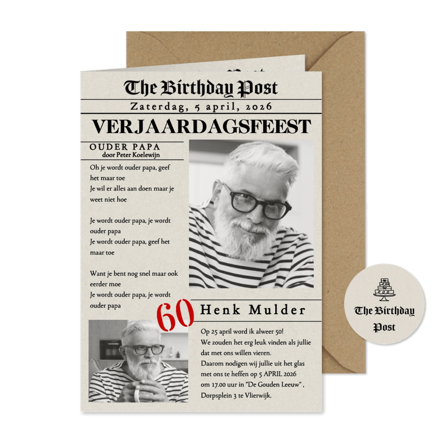 Uitnodiging krant voorpagina nieuws jarig 60 - Kaartimpressie