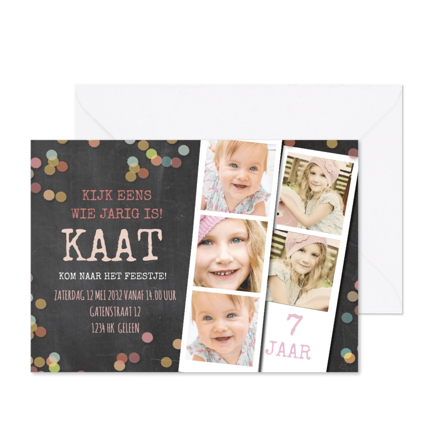 Uitnodiging krijtbord confetti kinderfeestje - Kaartimpressie