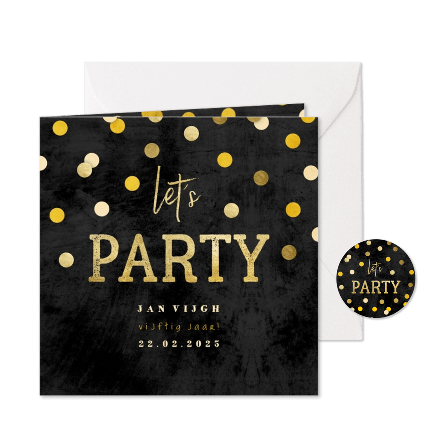 Uitnodiging krijtbord gouden 'let's party' met confetti - Kaartimpressie