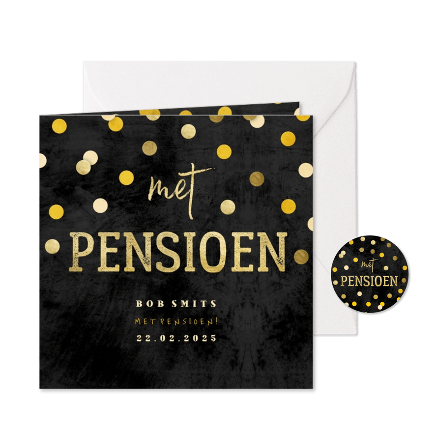 Uitnodiging krijtbord gouden 'met pensioen' met confetti - Kaartimpressie