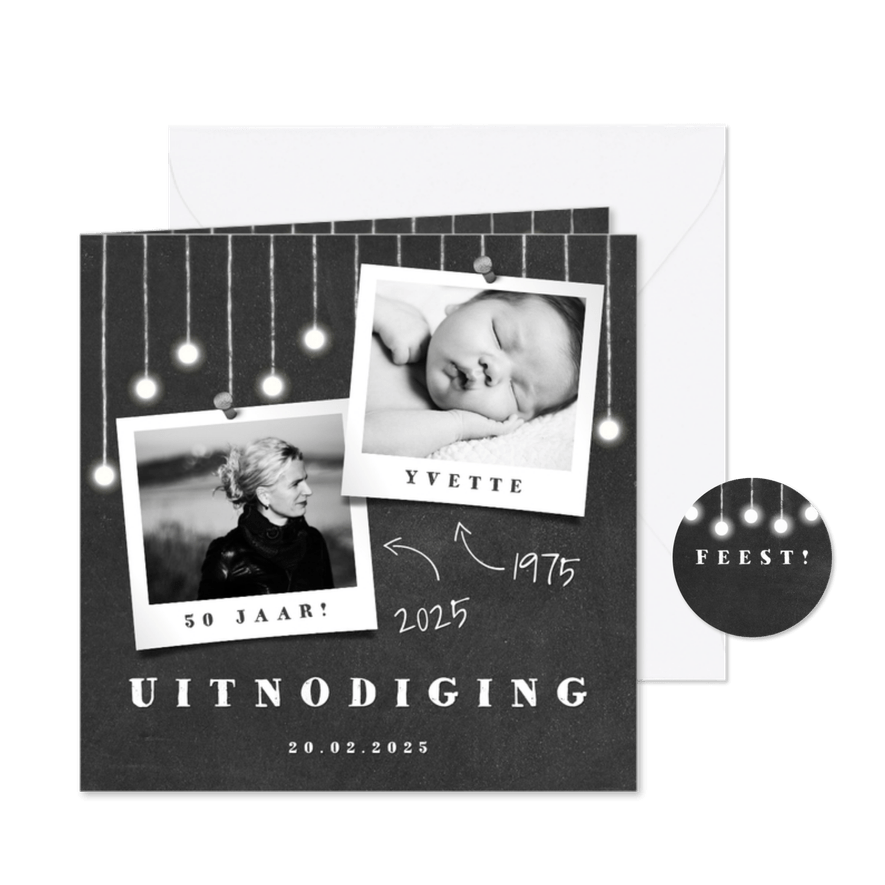 Uitnodiging krijtbord met hangende lampjes en foto's - Kaartimpressie