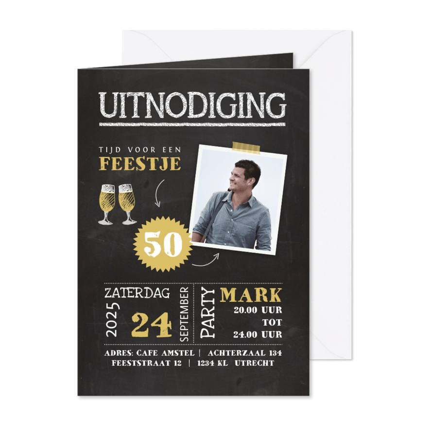 Uitnodiging krijtbordlook met handlettering - Kaartimpressie