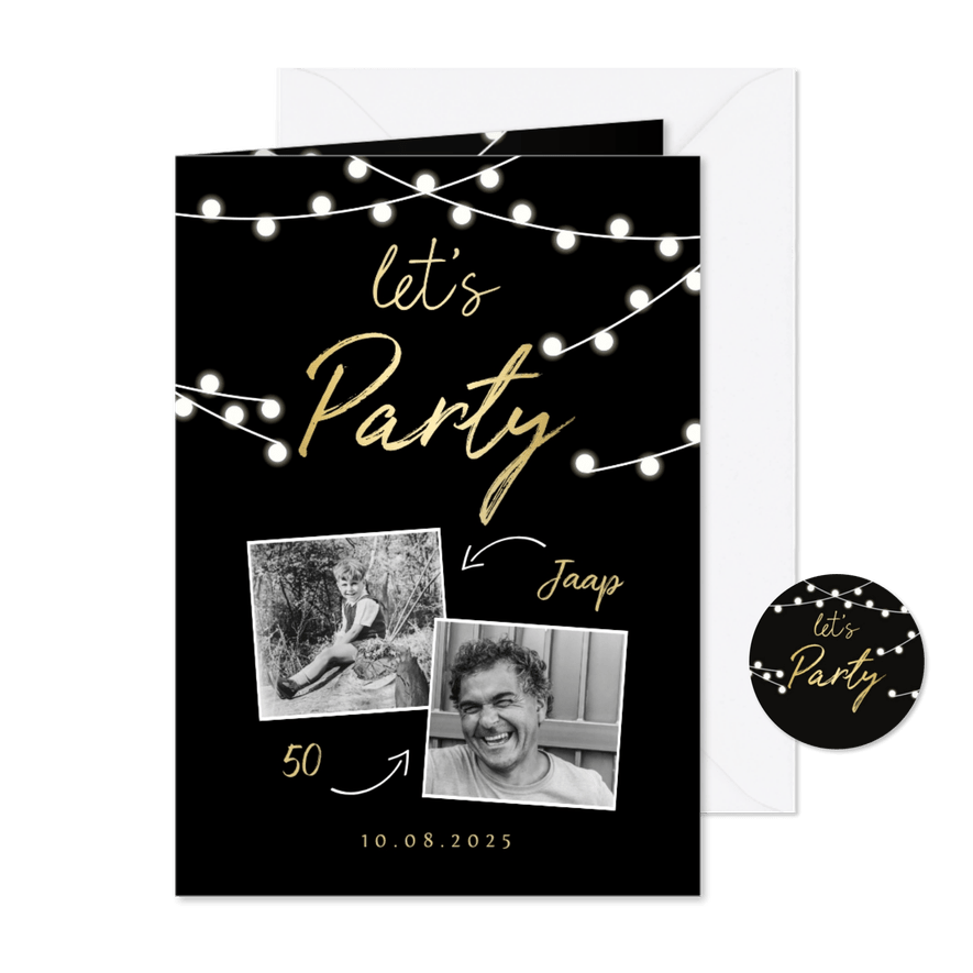 Uitnodiging lampjes gouden 'let's party' met foto's - Kaartimpressie