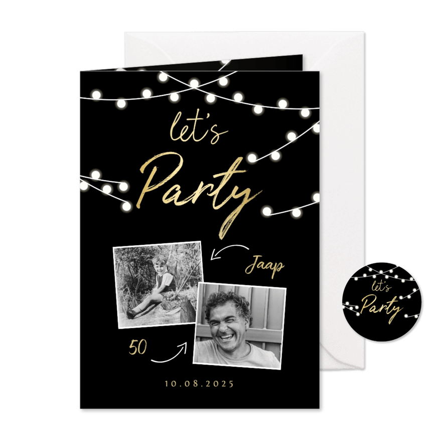 Uitnodiging lampjes gouden 'let's party' met foto's - Kaartimpressie