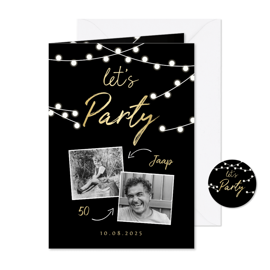 Uitnodiging lampjes gouden 'let's party' met foto's - Kaartimpressie