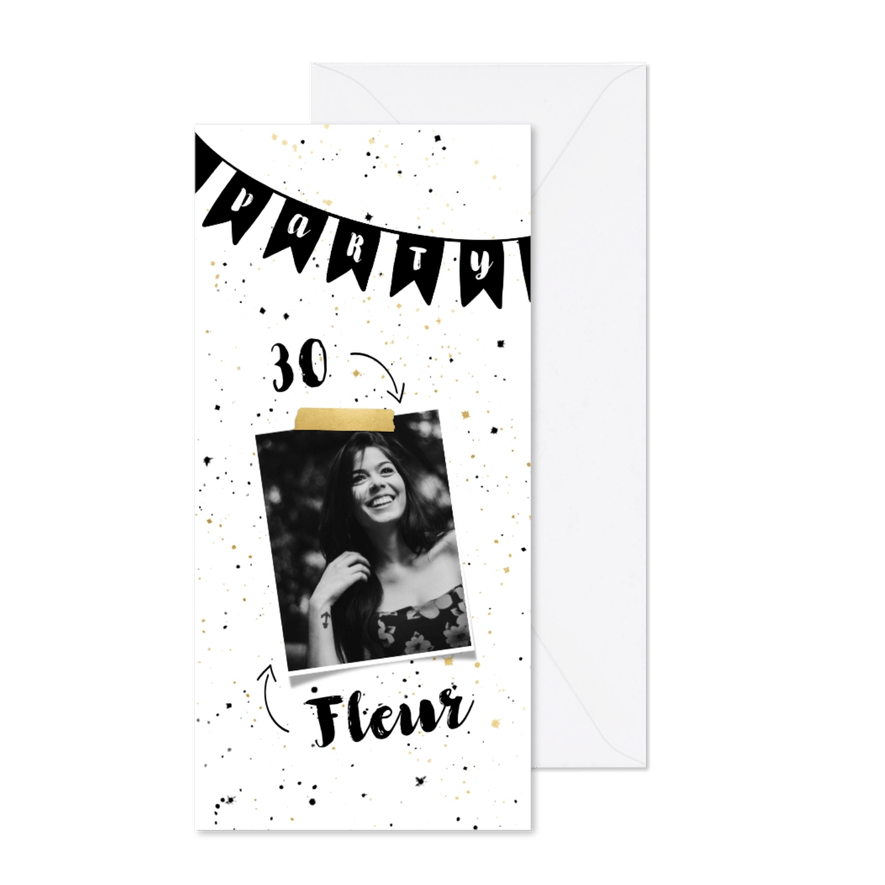 Uitnodiging langwerpig met vlaggen en zwart gouden confetti - Kaartimpressie