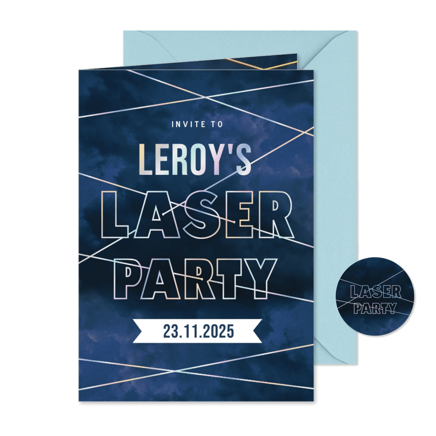 Uitnodiging lasergamen feestje met holografische foliedruk - Kaartimpressie