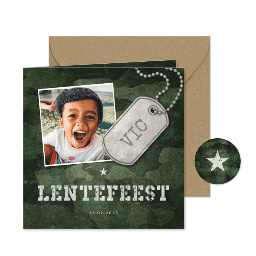 Uitnodiging lentefeest army stoer met foto en legerplaatje - Kaartimpressie