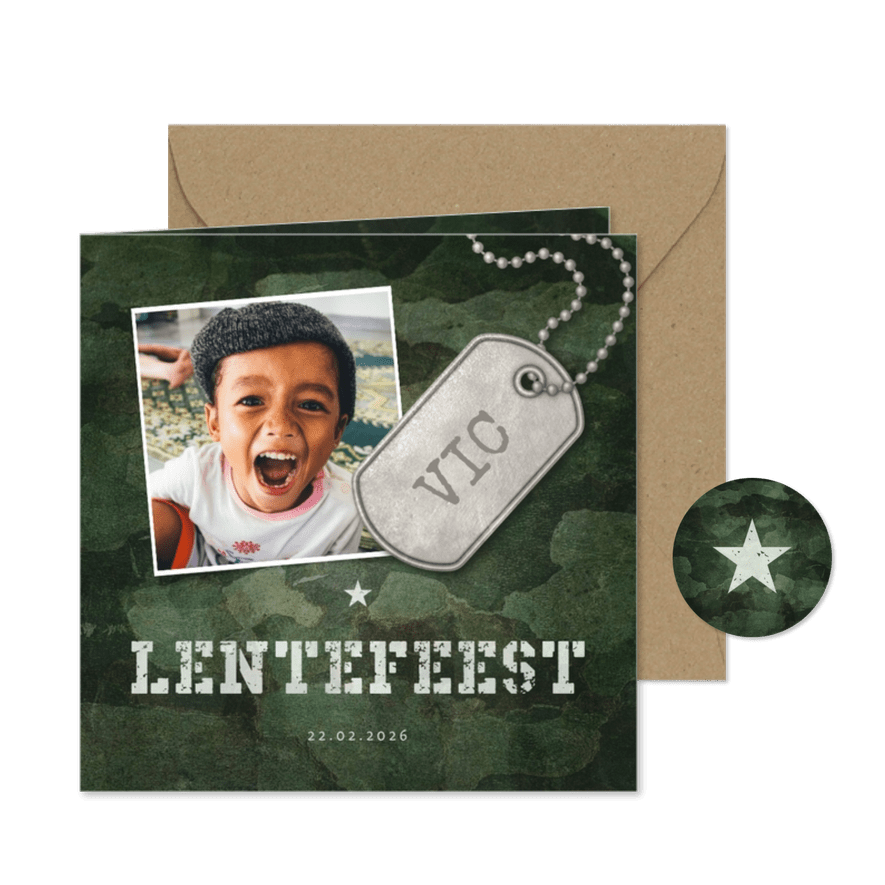 Uitnodiging lentefeest army stoer met foto en legerplaatje - Kaartimpressie