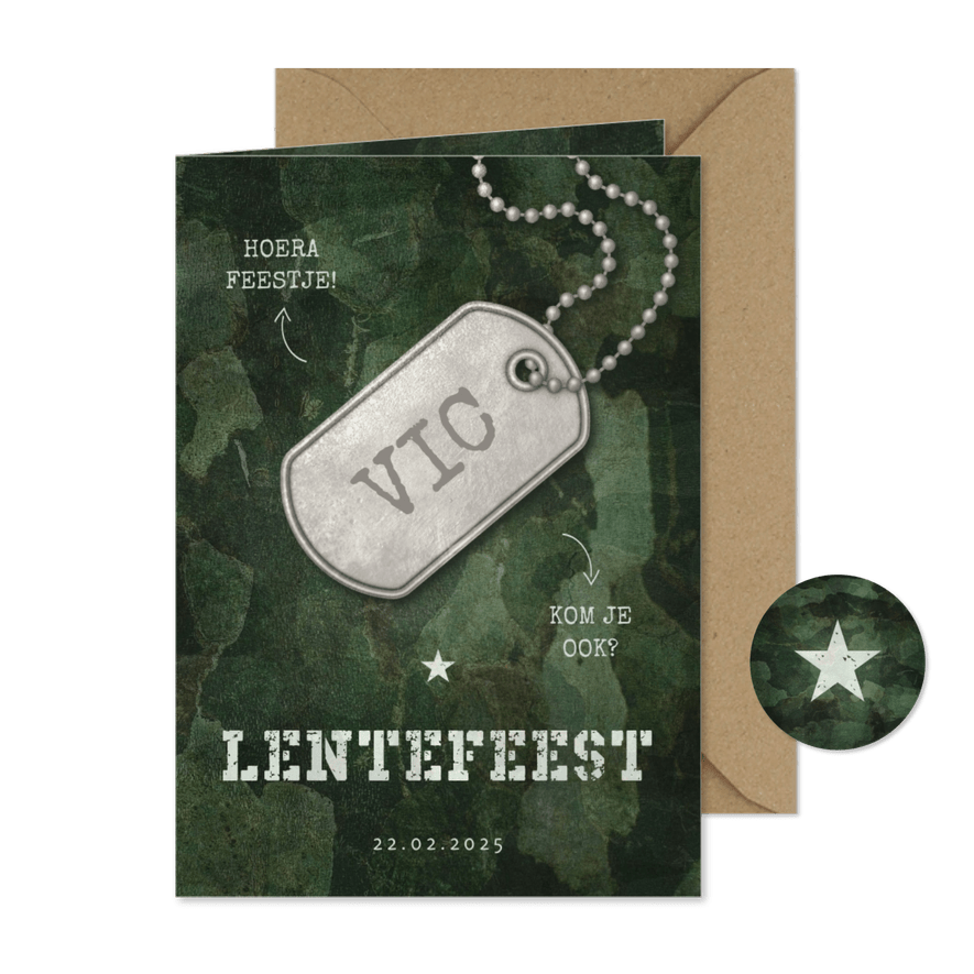 Uitnodiging lentefeest army stoer met legerplaatje - Kaartimpressie