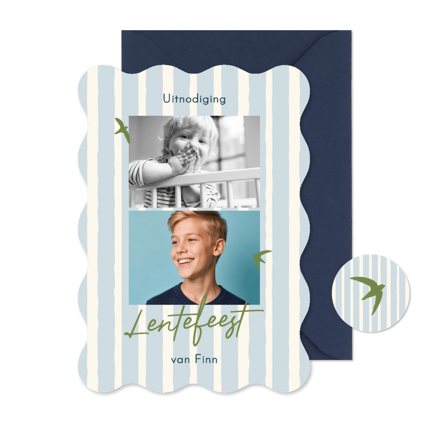 Uitnodiging lentefeest blauwe streep groene vogeltjes - Kaartimpressie