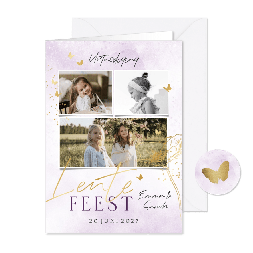 Uitnodiging lentefeest collage watercolour vlinder goud - Kaartimpressie