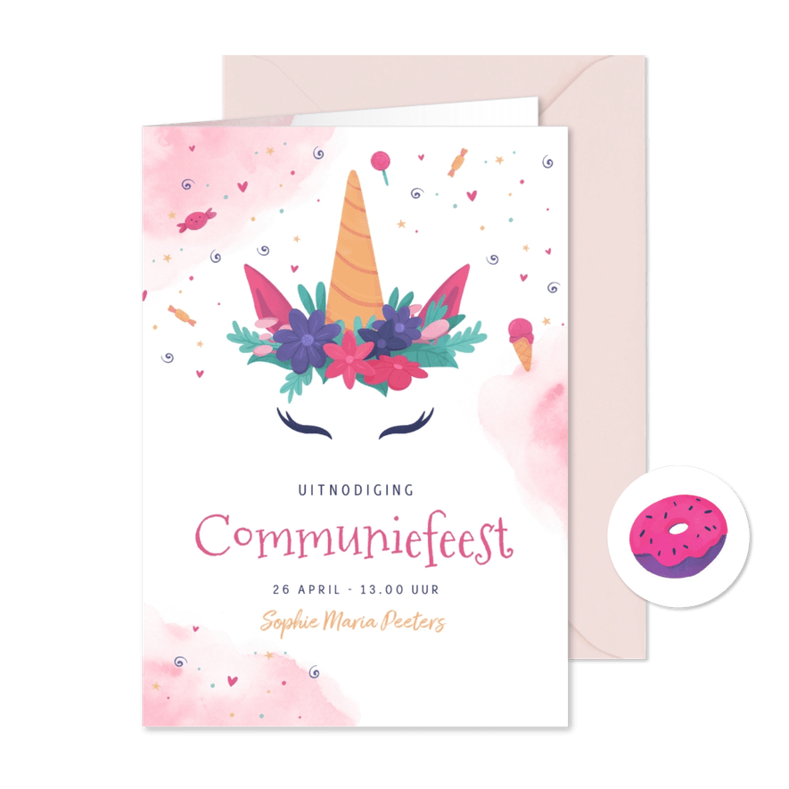 Uitnodiging lentefeest communie eenhoorn roze magisch snoep - Kaartimpressie