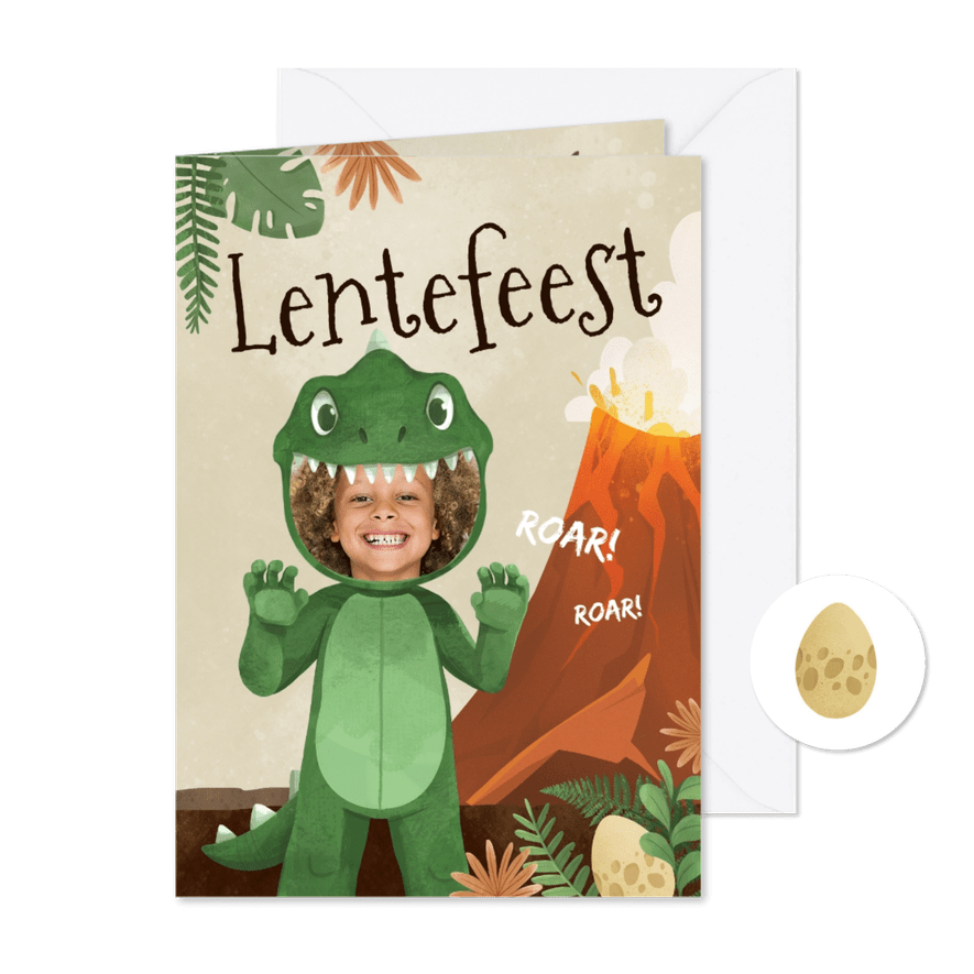 Uitnodiging lentefeest dino kostuum dinosaurussen  - Kaartimpressie
