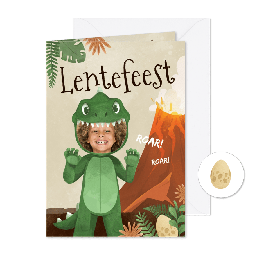 Uitnodiging lentefeest dino kostuum dinosaurussen - Kaartimpressie