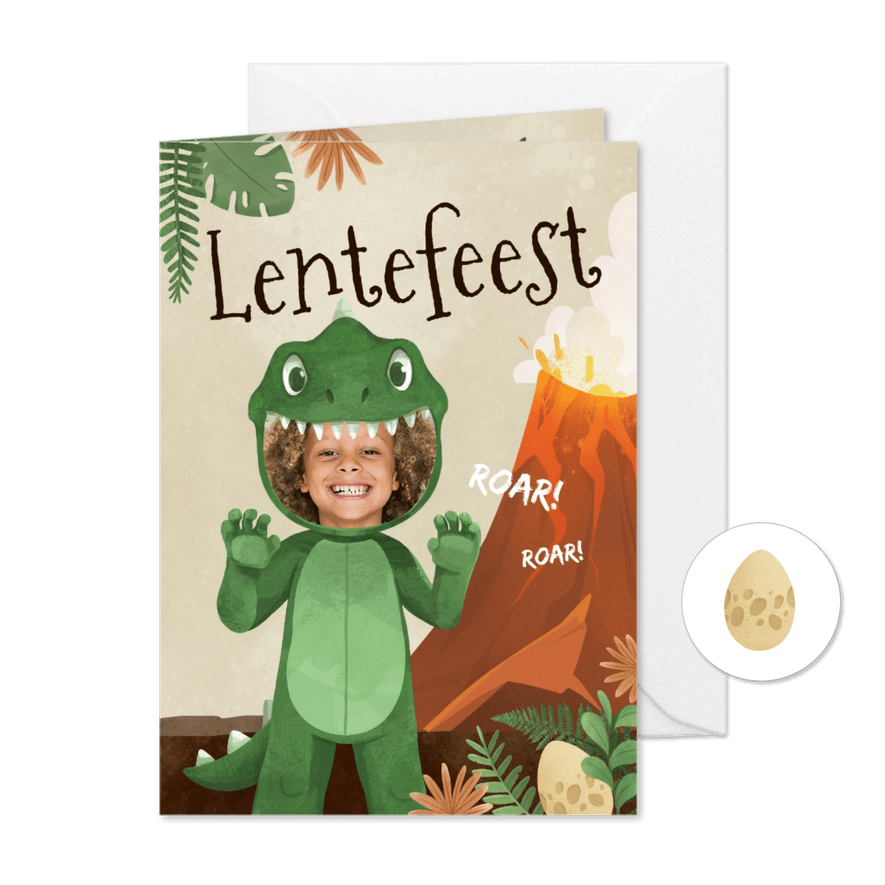 Uitnodiging lentefeest dino kostuum dinosaurussen  - Kaartimpressie