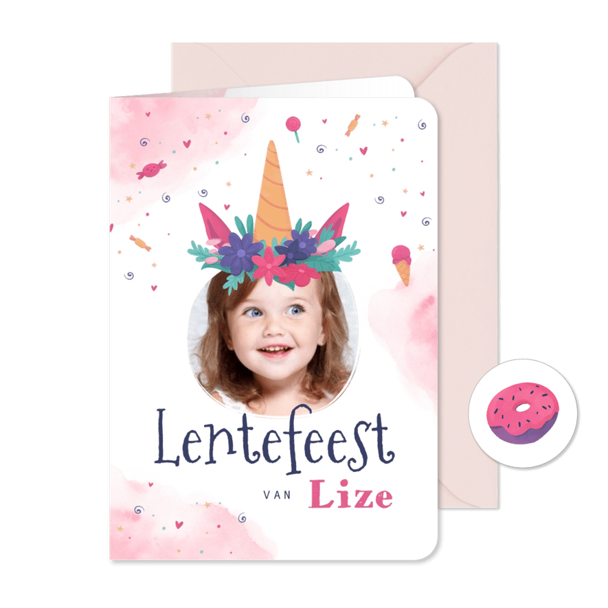 Uitnodiging lentefeest eenhoorn foto waterverf snoepjes - Kaartimpressie
