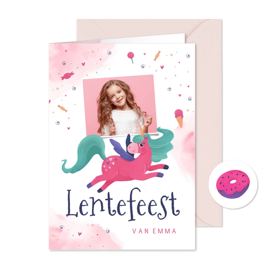 Uitnodiging lentefeest eenhoorn snoep waterverf foto - Kaartimpressie