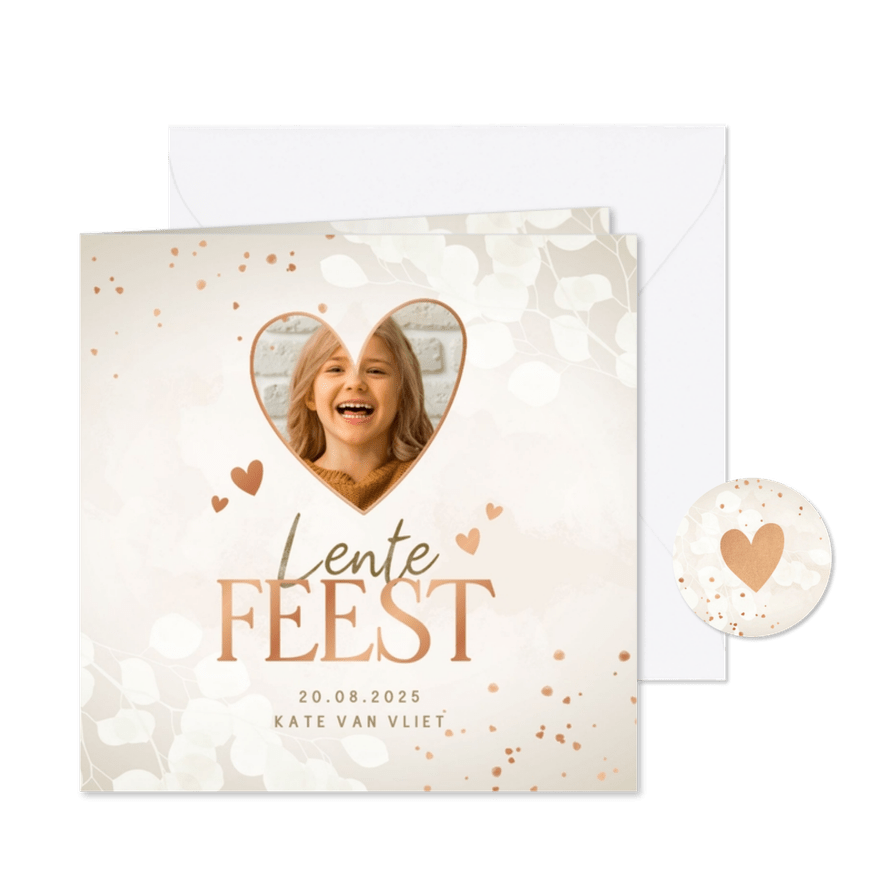 Uitnodiging Lentefeest eucalyptus koper spetters en hartjes - Kaartimpressie