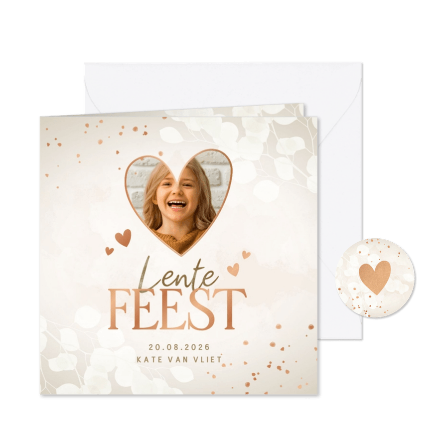 Uitnodiging Lentefeest eucalyptus koper spetters en hartjes - Kaartimpressie