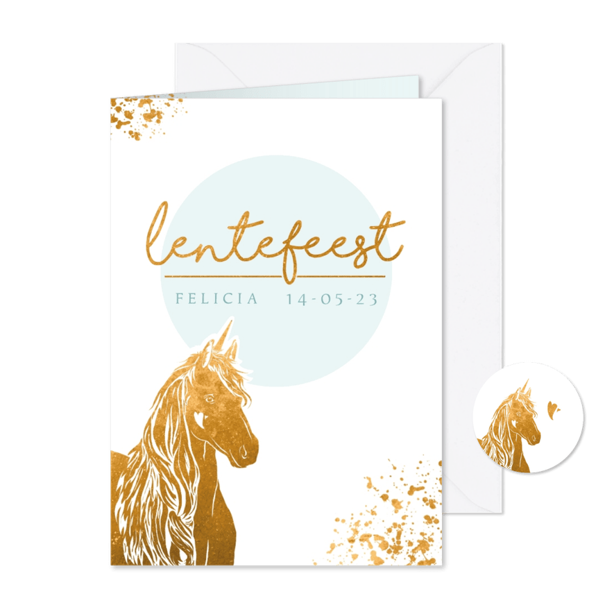 Uitnodiging lentefeest gouden eenhoorn  - Kaartimpressie