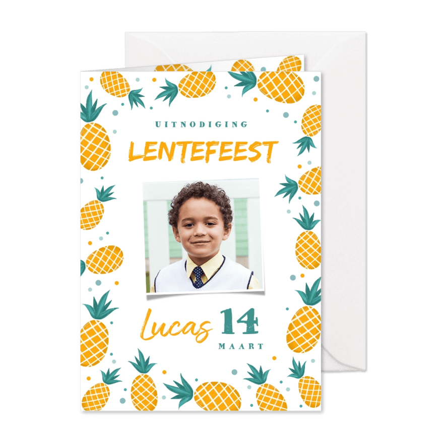 Uitnodiging lentefeest jongen ananas confetti foto - Kaartimpressie