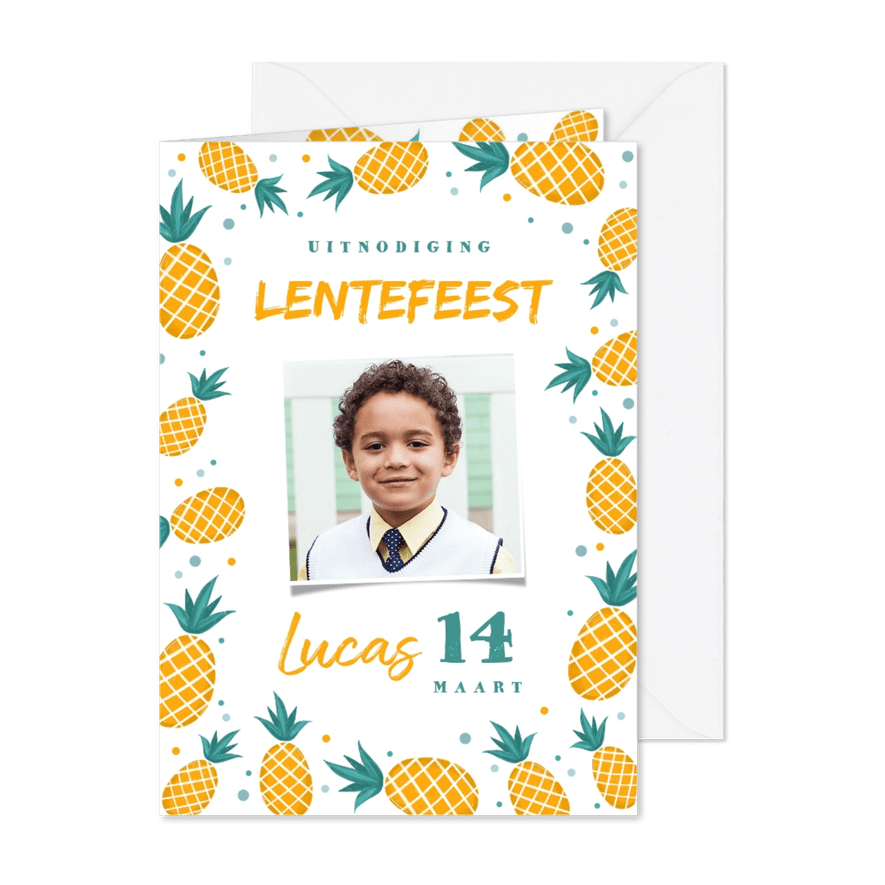 Uitnodiging lentefeest jongen ananas confetti foto - Kaartimpressie