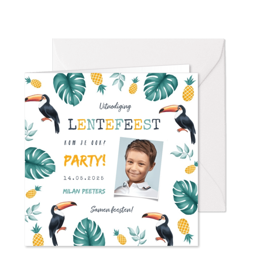 Uitnodiging lentefeest jongen tropical ananas toekan - Kaartimpressie