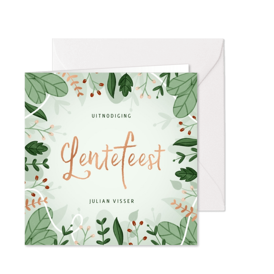 Uitnodiging lentefeest jungle en bloemen met koperfolie - Kaartimpressie