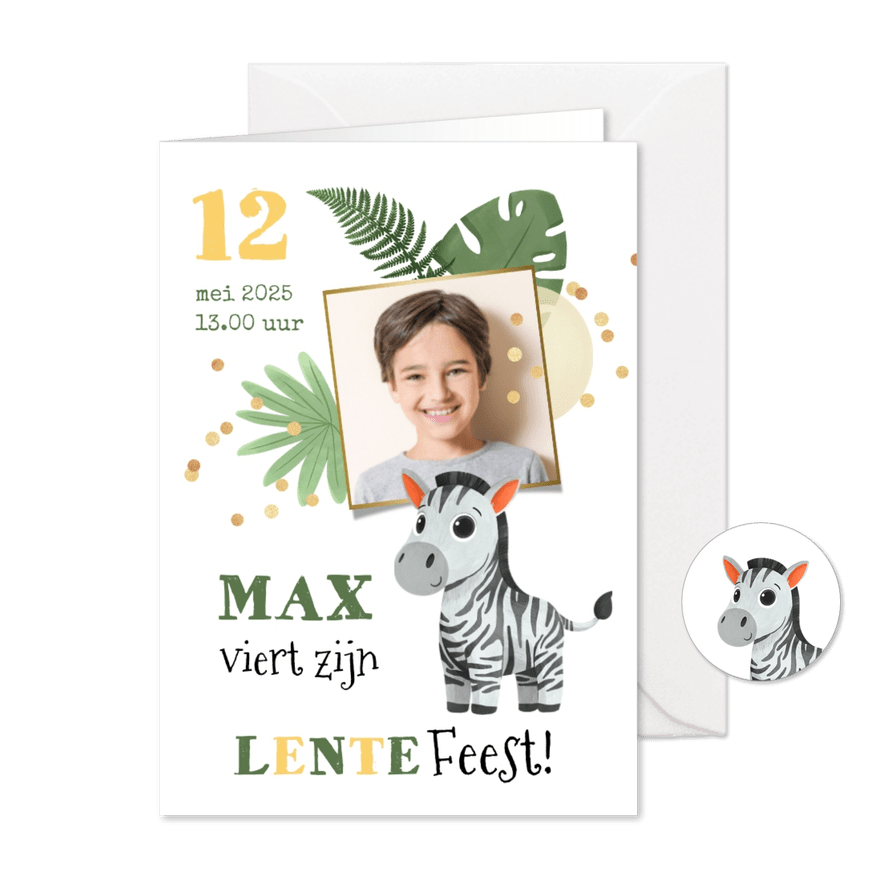 Uitnodiging lentefeest jungle zebra confetti ballonnen - Kaartimpressie