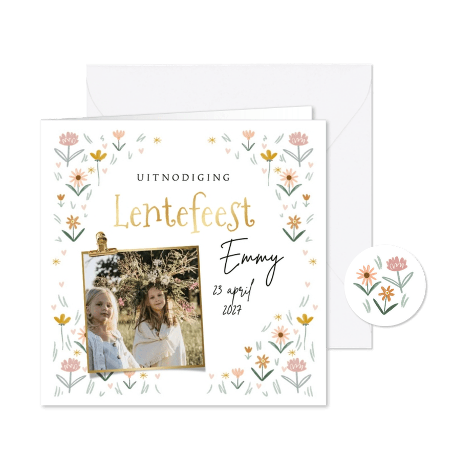 Uitnodiging lentefeest kleine veldbloemen hartjes foto clip  - Kaartimpressie