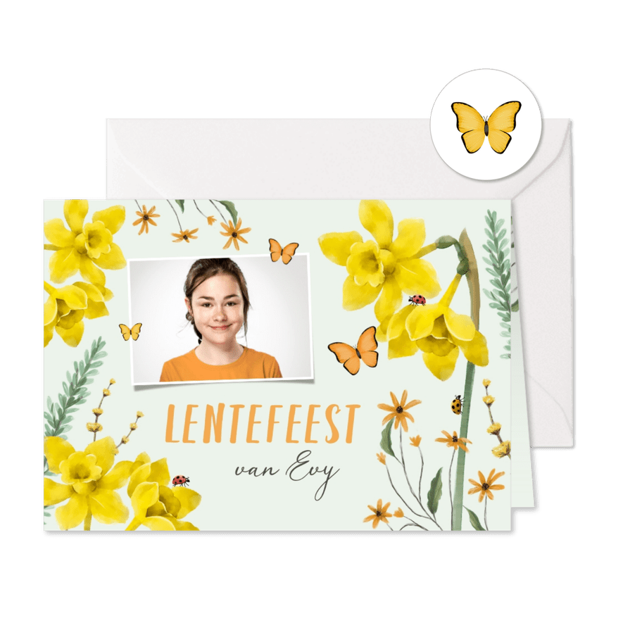 Uitnodiging lentefeest lente bloemen narcissen vlinders - Kaartimpressie