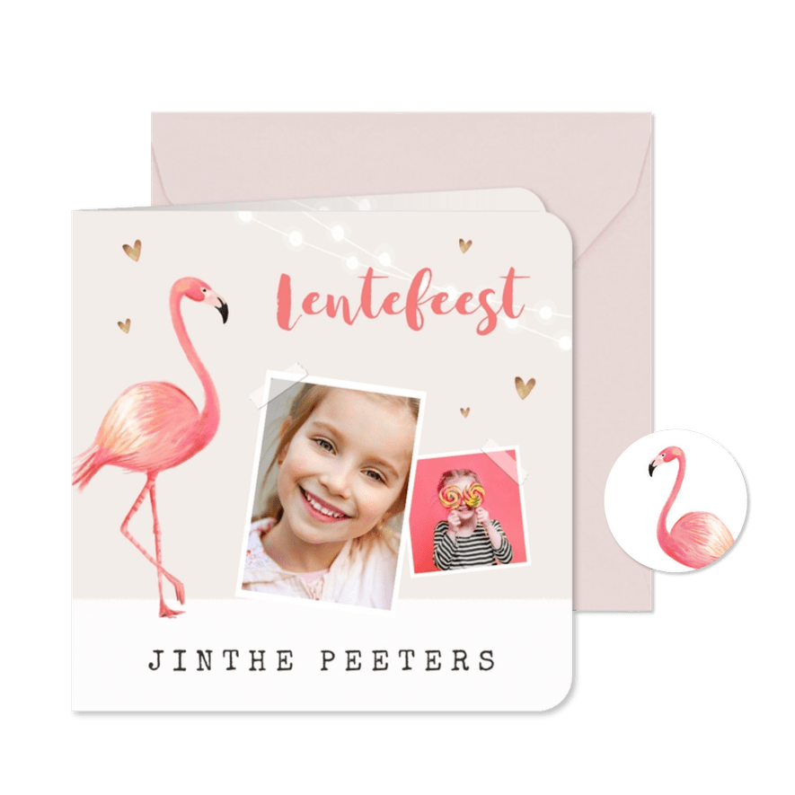 Uitnodiging lentefeest meisje flamingo gouden hartjes - Kaartimpressie