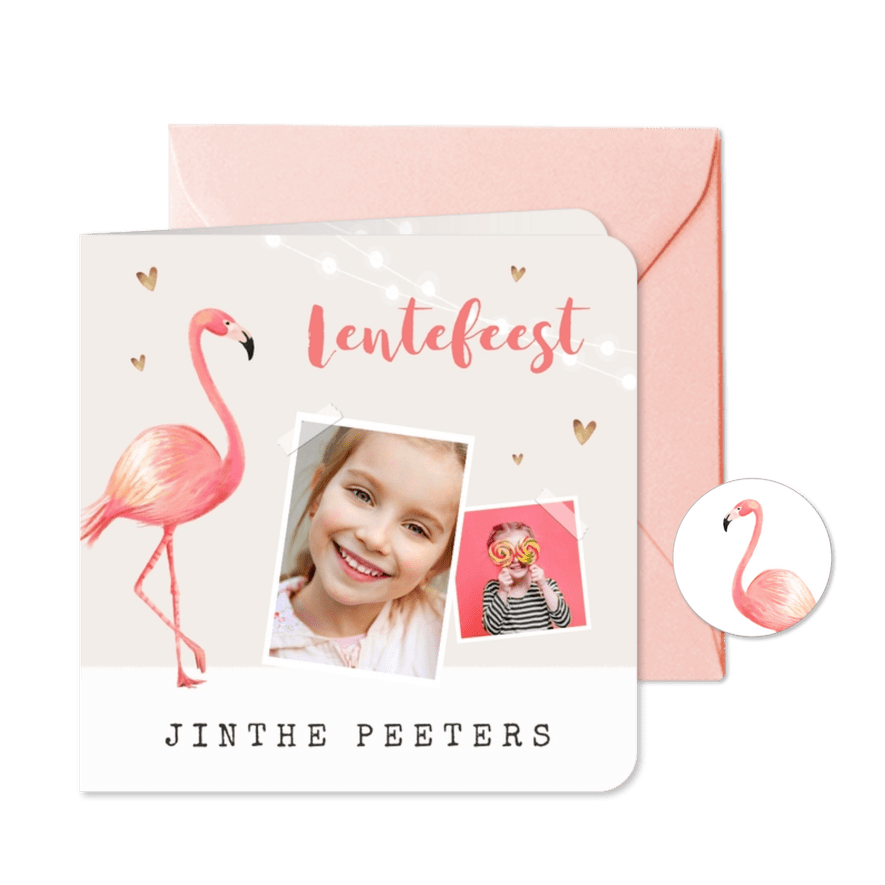 Uitnodiging lentefeest meisje flamingo gouden hartjes - Kaartimpressie