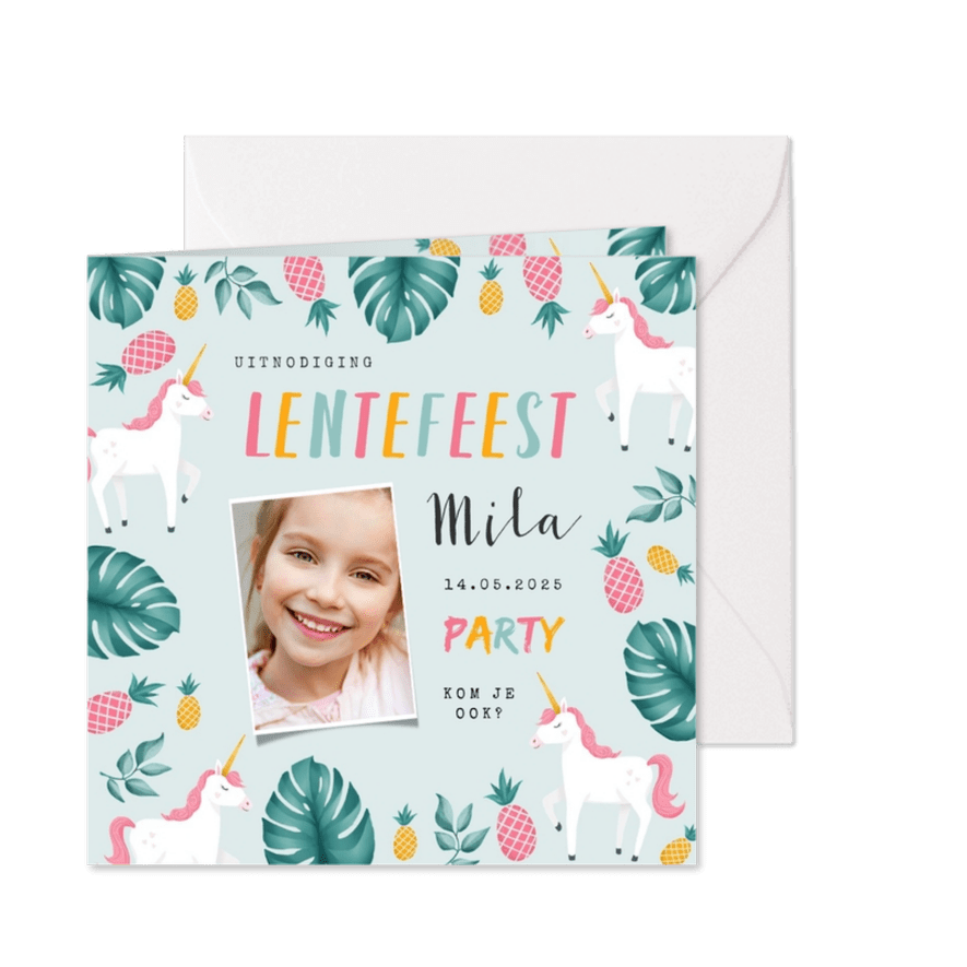 Uitnodiging lentefeest meisje hip tropical unicorn ananas - Kaartimpressie