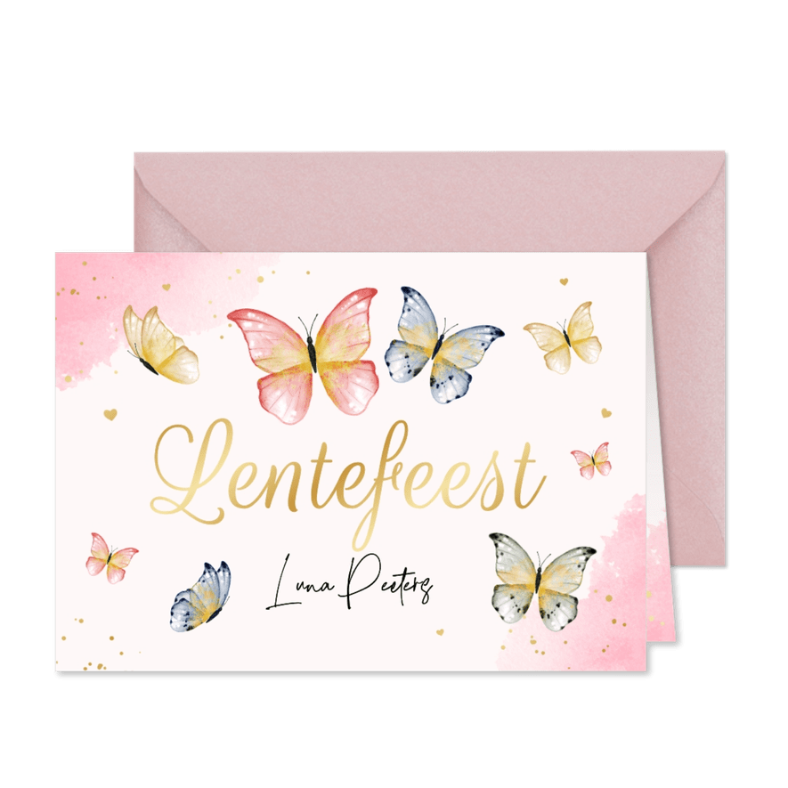 Uitnodiging lentefeest meisje roze waterverf foto vlinders - Kaartimpressie