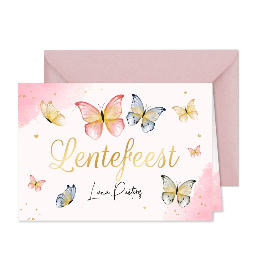 Uitnodiging lentefeest meisje roze waterverf foto vlinders - Kaartimpressie