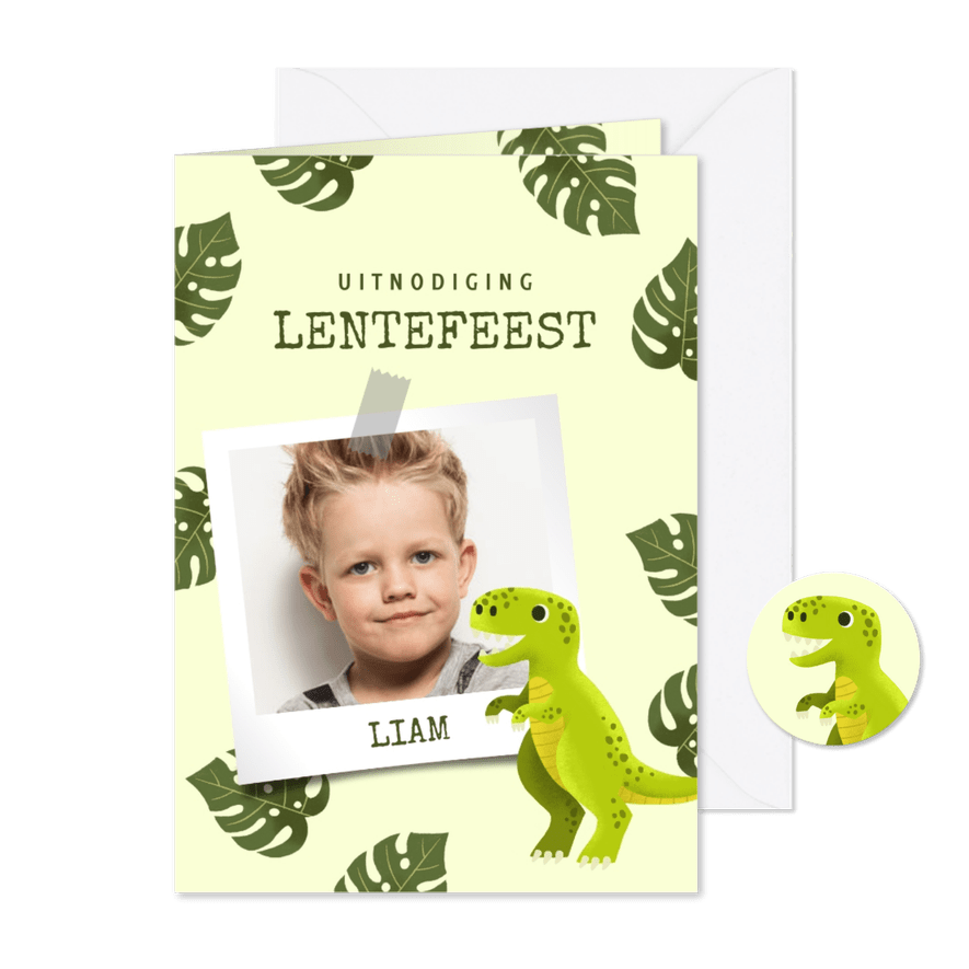Uitnodiging lentefeest met dinosaurus, bladeren en foto - Kaartimpressie