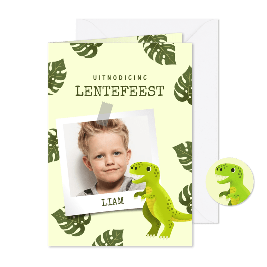 Uitnodiging lentefeest met dinosaurus, bladeren en foto - Kaartimpressie