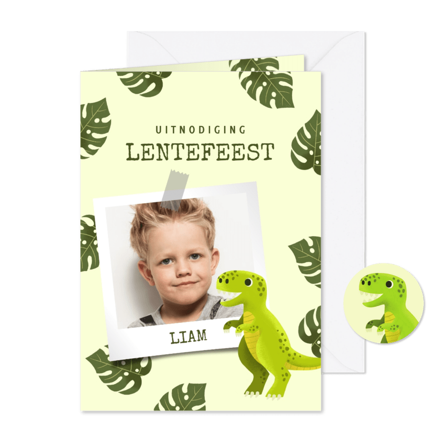 Uitnodiging lentefeest met dinosaurus, bladeren en foto - Kaartimpressie