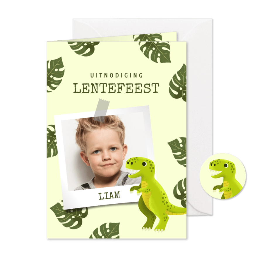 Uitnodiging lentefeest met dinosaurus, bladeren en foto - Kaartimpressie