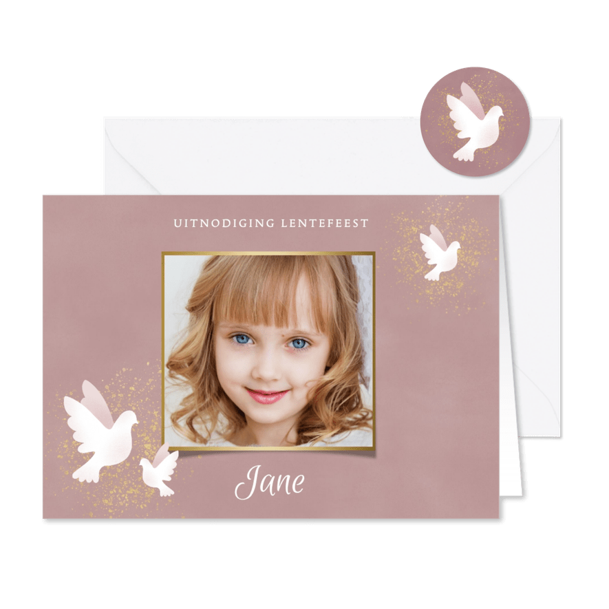Uitnodiging Lentefeest met duif waterverf en gouden spetters - Kaartimpressie