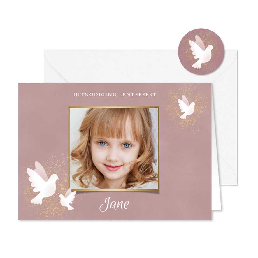 Uitnodiging Lentefeest met duif waterverf en gouden spetters - Kaartimpressie
