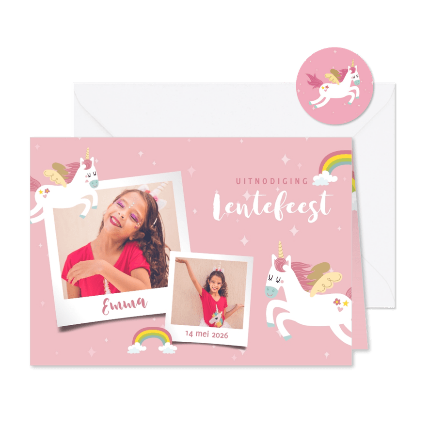 Uitnodiging lentefeest met eenhoorns, regenbogen en foto's - Kaartimpressie