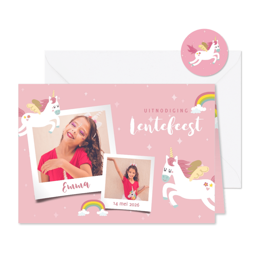 Uitnodiging lentefeest met eenhoorns, regenbogen en foto's - Kaartimpressie